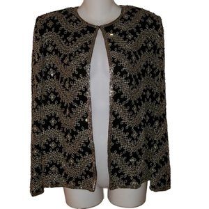 Adrianna Papell Evening Silk Jacket Medium Beaded Black Silver Old Money Retro